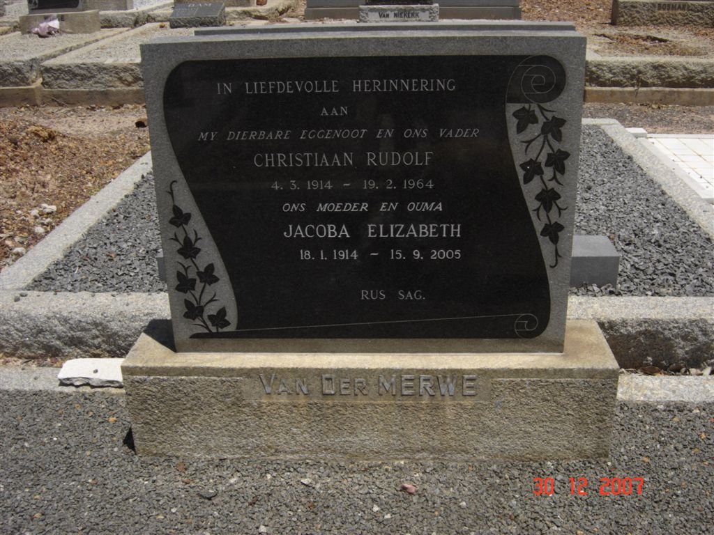 MERWE Christiaan Rudolf, van der 1914-1964 &amp; Jacoba Elizabeth 1914-2005