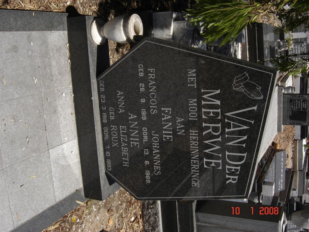 MERWE Francois Johannes, van der 1919-1989 &amp; Anna Elizabeth ROUX 1918-1993