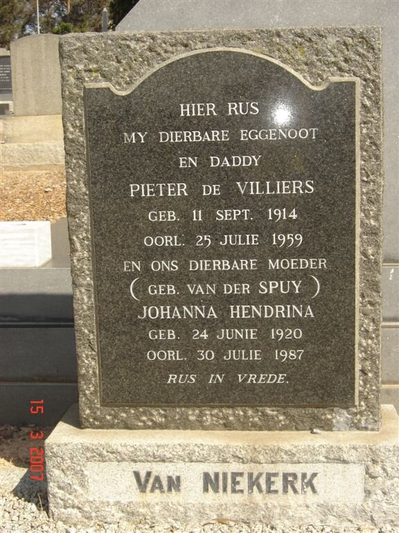 NIEKERK Pieter de Villiers, van 1914-1959 &amp; Johanna Hendrina VAN DER SPUY 1920-1987