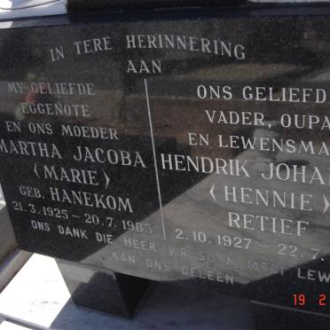 RETIEF Hendrik Johannes 1927-2000 &amp; Martha Jacoba HANEKOM 1925-1983