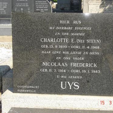 UYS Nicolaas Frederick 1914-1983 &amp; Charlotte E. STEYN 1920-1968