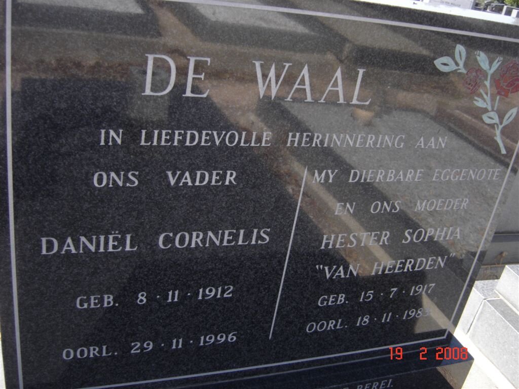 WAAL Daniel Cornelis, de 1912-1996 &amp; Hester Sophia VAN HEERDEN 1917-1983