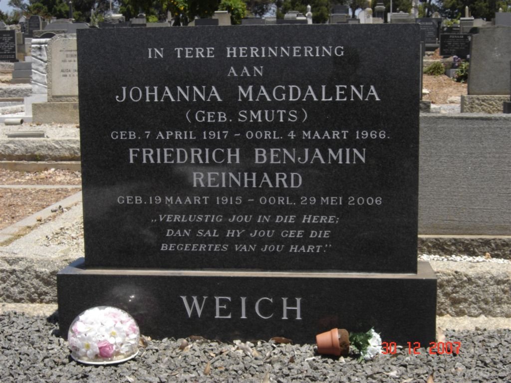 WEICH Friedrich Benjamin Reinhard 1915-2006 &amp; Johanna Magdalena SMUTS 1917-1966