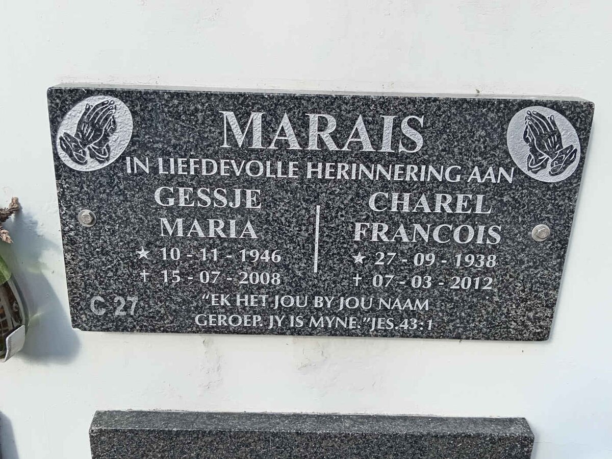 MARAIS Charel Francois 1938-2012 &amp; Gessje Maria 1946-2008