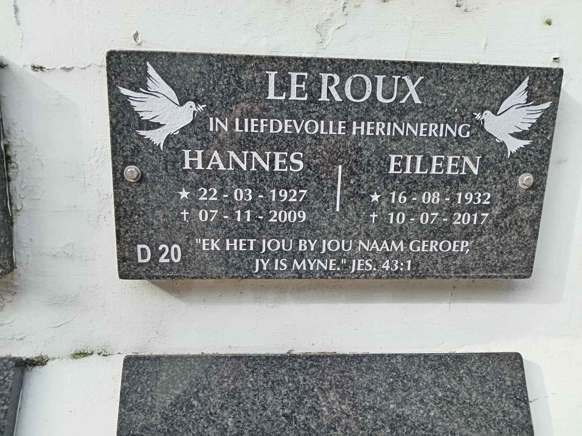 ROUX Hannes, le 1927-2009 &amp; Eileen 1932-2017