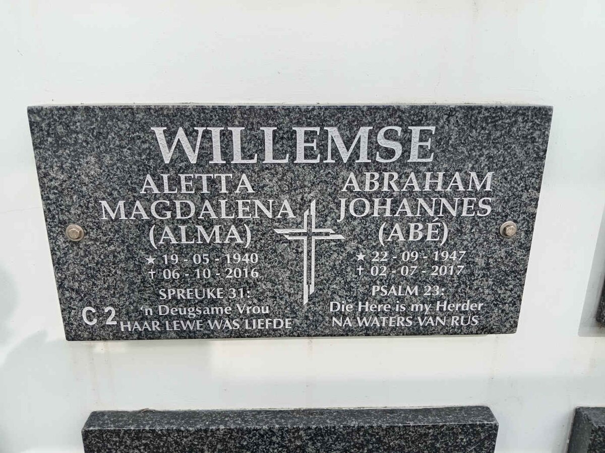 WILLEMSE Abraham Johannes 1947-2017 &amp; Aletta Magdalena 1940-2016