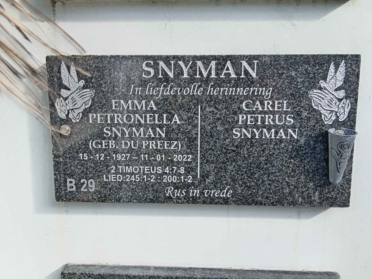SNYMAN Carel Petrus &amp; Emma Petronella DU PREEZ 1927-2022
