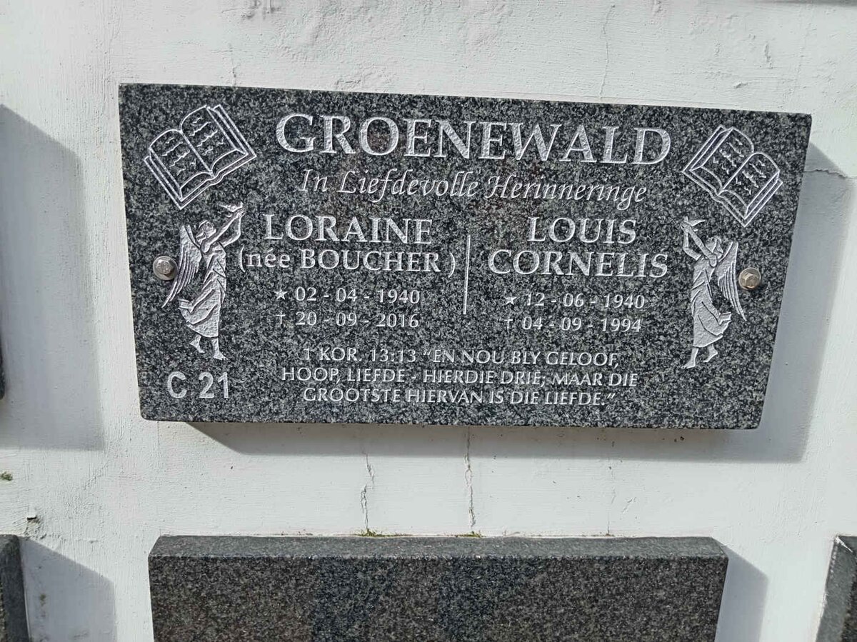 GROENEWALD Louis Cornelis 1940-1994 &amp; Loraine BOUCHER 1940-2016