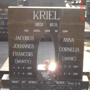 KRIEL Jacobus Johannes Francois 1927-1990 &amp;  Anna Cornelia 1937-1990