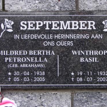 SEPTEMBER Wintrop Basil 1932-2007 &amp; Mildred Bertha Petronella ABRAHAMS 1938-2005