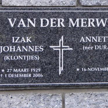 MERWE Izak Johannes, van der 1929-2006 &amp; Annette DURAN 1934-