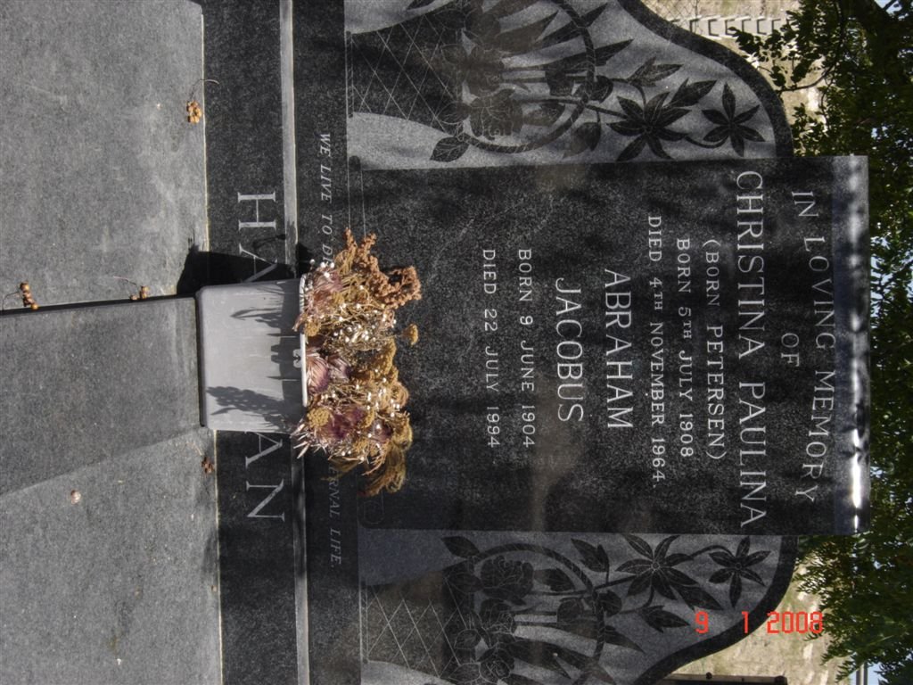 HAMMAN Abraham Jacobus 1904-1994 &amp; Christina Paulina PETERSEN 1908-1964