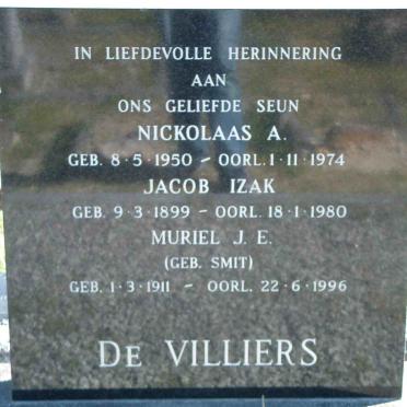 VILLIERS Jacob Izak, de 1899-1980 &amp;  Muriel J.E. SMIT 1911-1996 :: DE VILLIERS Nickolaas A. 1950-1974