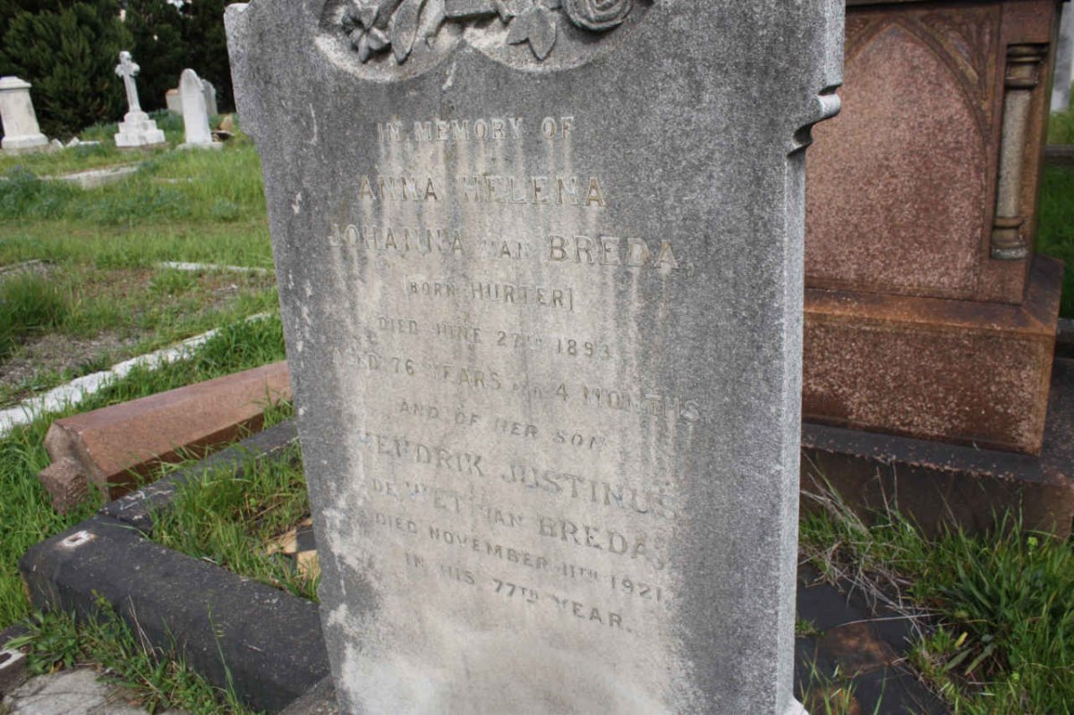 BREDA Anna Helena Johanna, van nee HURTER -1893 :: VAN BREDA Hendrik Justinus de Wet -1921