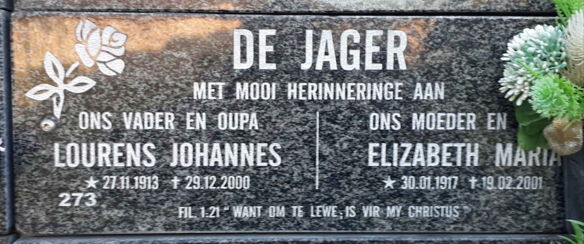 JAGER Lourens Johannes, de 1913-2000 &amp; Elizabeth Maria 1917-2001