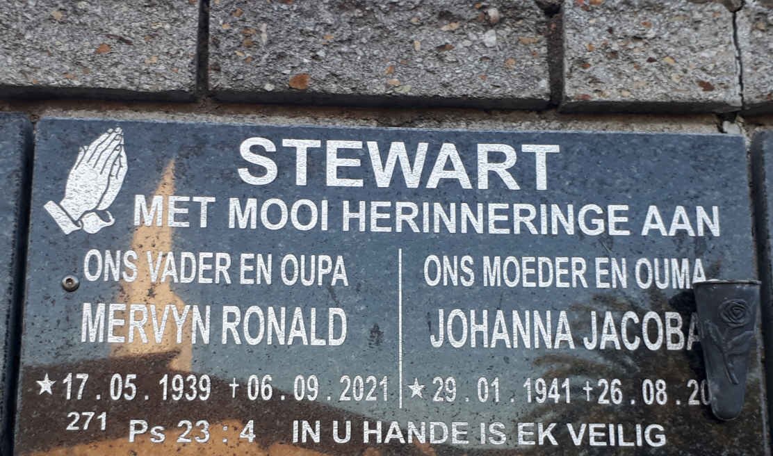 STEWART Mervyn Ronald 1939-2021 &amp; Johanna Jacoba 1941-20??