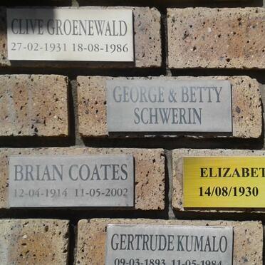GROENEWALD Clive 1931-1986 :: SCHWERIN George &amp; Betty :: COATES Brian 1914-2002 &amp; Elizabeth 1930-2015