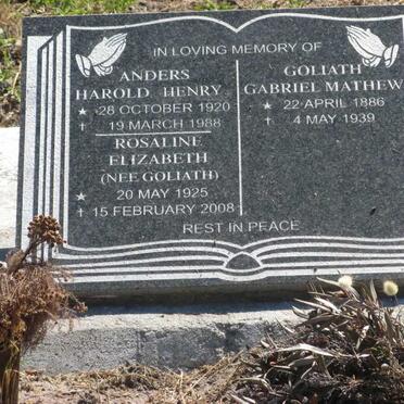 ANDERS Harold Henry 1920-1988 &amp; Rosaline Elizabeth GOLIATH 1925-2008 :: GOLIATH Gabriel Mathew 1886-1939