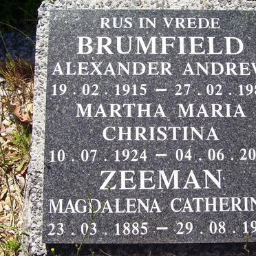 BRUMFIELD Alexander Andrew 1915-1989 &amp; Martha Maria Christina 1924-2001 :: ZEEMAN Magdalena Catherina 1885-1965