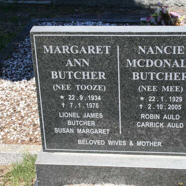 BUTCHER Nancie Mcdonald nee MEE 1929-2005 :: BUTCHER Margaret Ann nee TOOZE 1934-1976 
