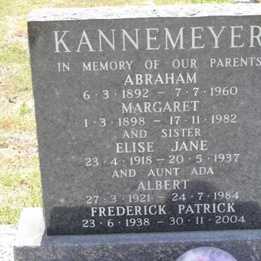 KANNEMEYER Abraham 1892-1960 &amp; Margaret 1898-1982 :: KANNEMEYER Elise Jane 1918-1937 :: KANNEMEYER Ada Albert 1921-1984 :: KANNEMEYER Frederick Patrick 1938-2004