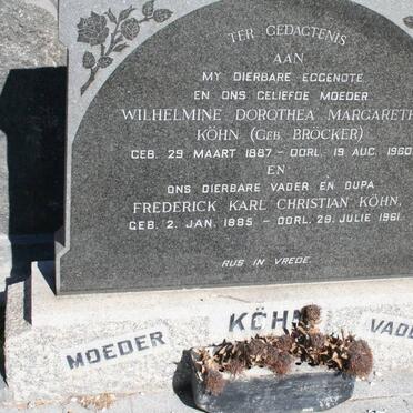KOHN Frederick Karl Christian 1885-1961 &amp; Wilhelmine Dorothea Magaretha BROCKER 1887-1960