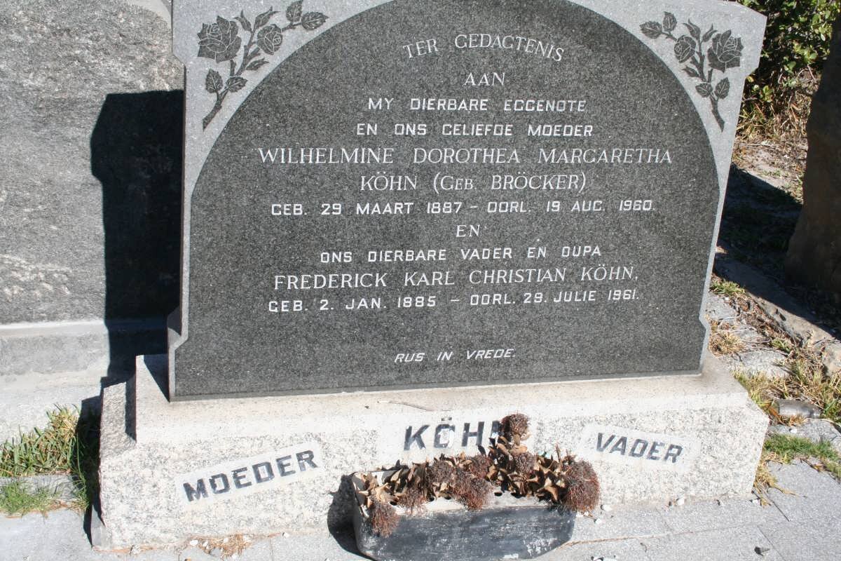 KOHN Frederick Karl Christian 1885-1961 &amp; Wilhelmine Dorothea Magaretha BROCKER 1887-1960