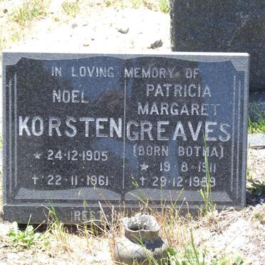 KORSTEN Noel 1905-1961 &amp; Patricia Margaret GREAVES nee BOTHA 1911-1989