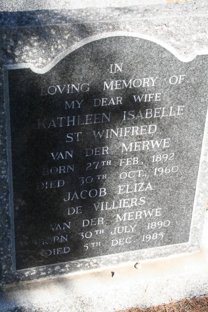 MERWE Jacob Eliza De Villiers, van der 1890-1985 & Kathleen Isabelle St Winifred 1892-1960