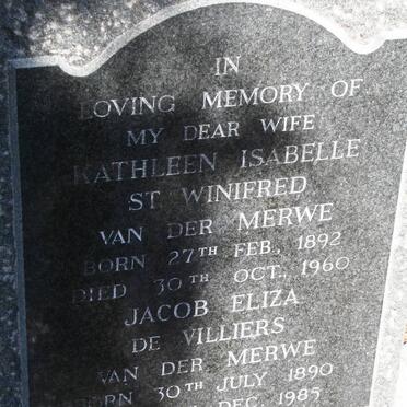 MERWE Jacob Eliza De Villiers, van der 1890-1985 & Kathleen Isabelle St Winifred 1892-1960
