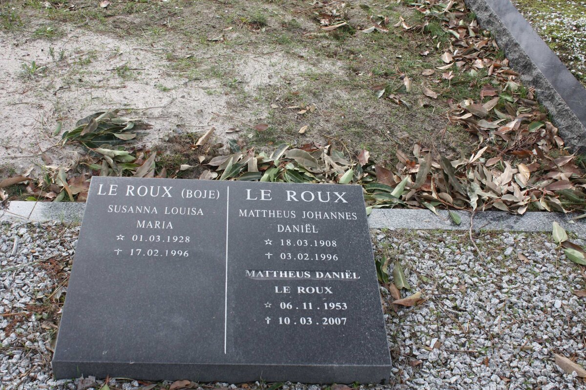 ROUX Mattheus Johannes Daniël, le 1908-1996 :: LE ROUX Susanna Louisa Maria nee BOJE 1928-1996 :: LE ROUX Mattheus Daniël 1953-2007