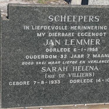 SCHEEPERS Jan Lemmer -1958 &amp; Sarah Helena DE VILLIERS 1933-1969