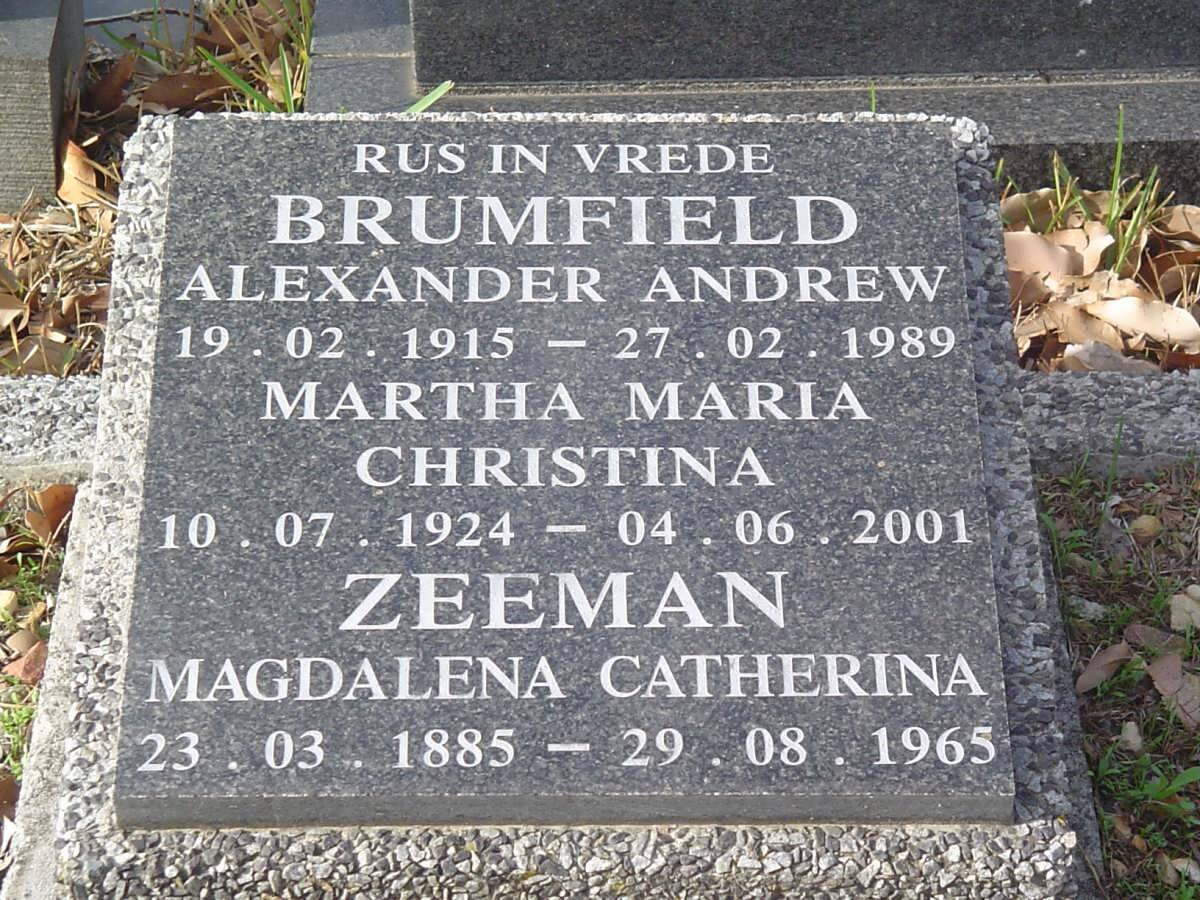 ZEEMAN Magdalena Catherina 1885-1965 :: BRUMFIELD Alexander Andrew 1915-1989 &amp; Martha Maria Christina 1924-2001 