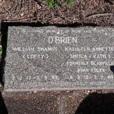 O'BRIEN William Shamus 1913-1989 &amp; Kathleen Annette Sheila formerly GLANVILLE nee FOLEY 1913-19?9