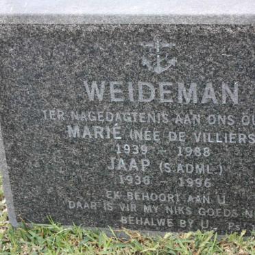 WEIDEMAN Jaap 1936-1996 &amp; Marie DE VILLIERS 1939-1988