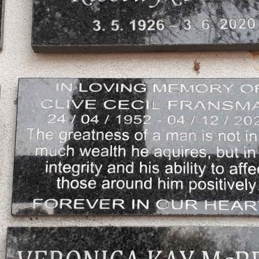 FRANSMAN Clive Cecil 1952-2020