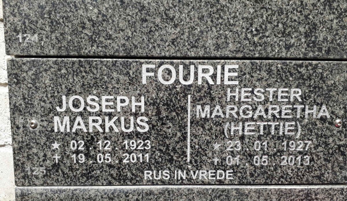 FOURIE Joseph Markus 1923-2011 &amp; Hester Margaretha 1927-2013