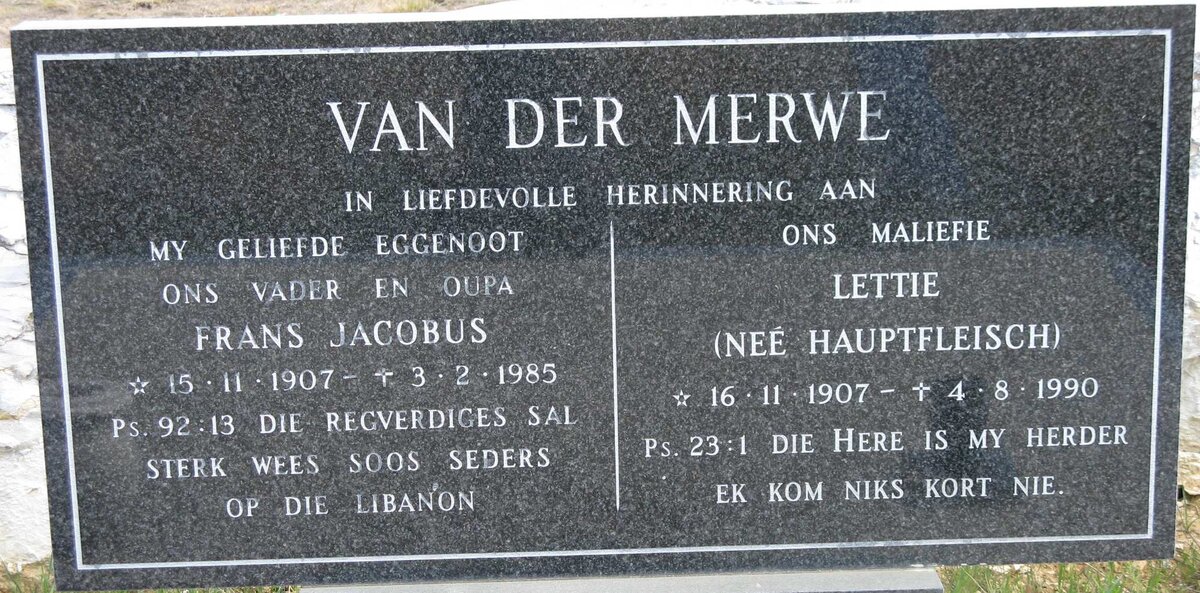 MERWE Frans Jacobus, van der 1907-1985 &amp; Lettie HAUPTFLEISCH 1907-1990