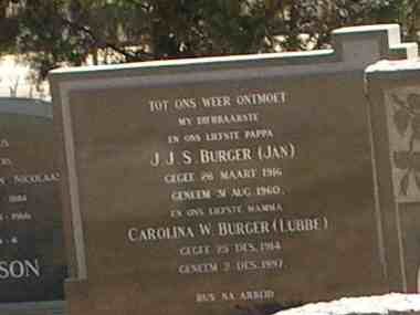 BURGER J.J.S. 1916-1960 &amp; Carolina W. LUBBE 1914-1957