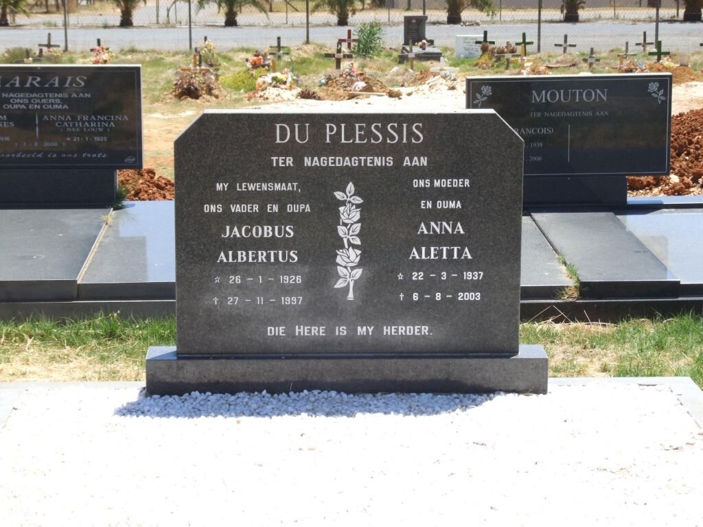 PLESSIS Jacobus Albertus, du 1926-1997 &amp; Anna Aletta 1937-2003