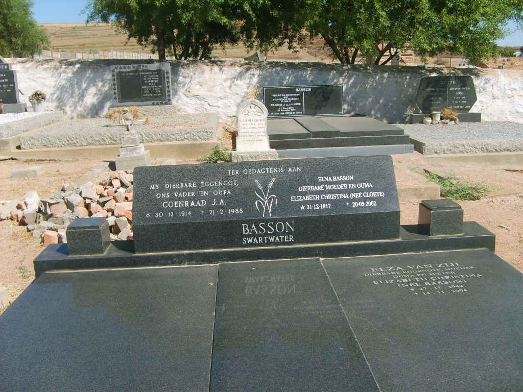 BASSON Coenraad J.A. 1914-1988 &amp; Elizabeth Chrisitna CLOETE 1917-2002 :: VAN ZIJL Elizabeth Christina nee BASSON 1942-1984