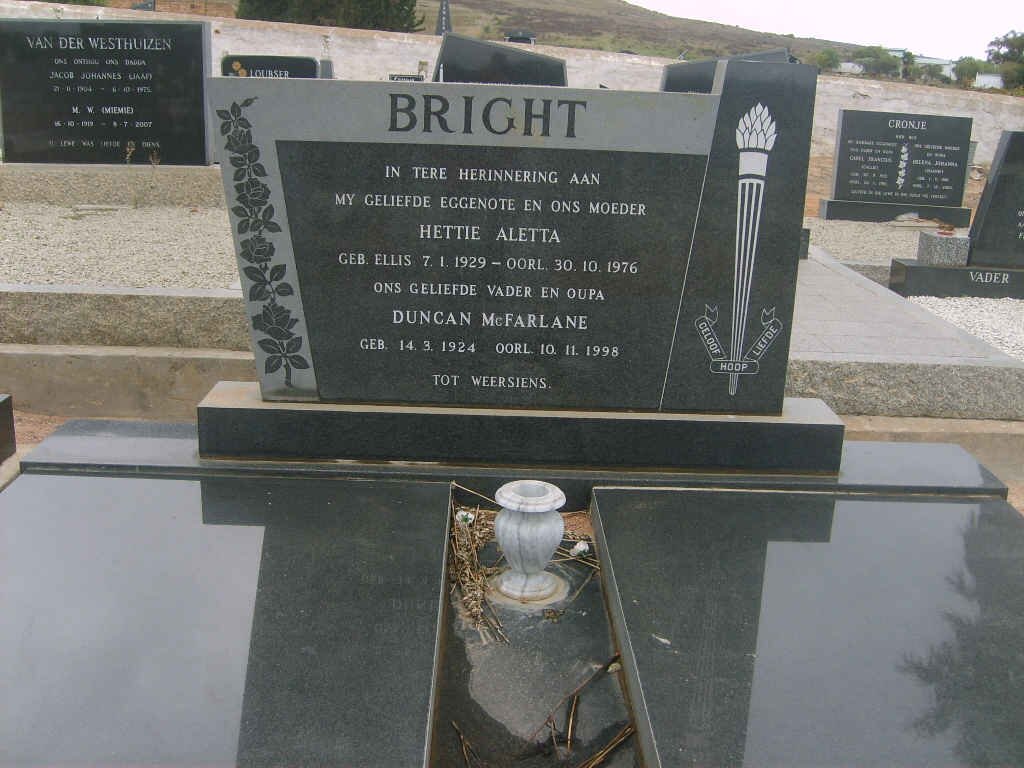 BRIGHT Duncan McFarlane 1924-1998 &amp; Hettie Aletta 1929-1976