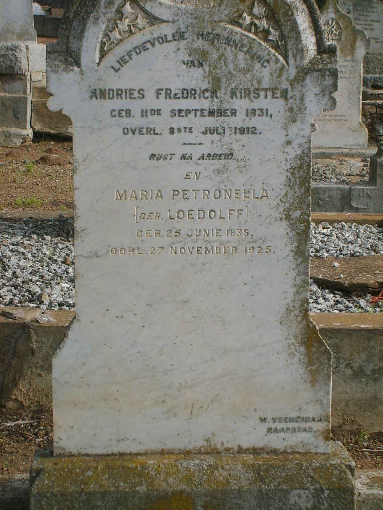 KIRSTEN Andries Fredrick 1831-1912 &amp; Maria Petronella LOEDOLFF 1835-1925