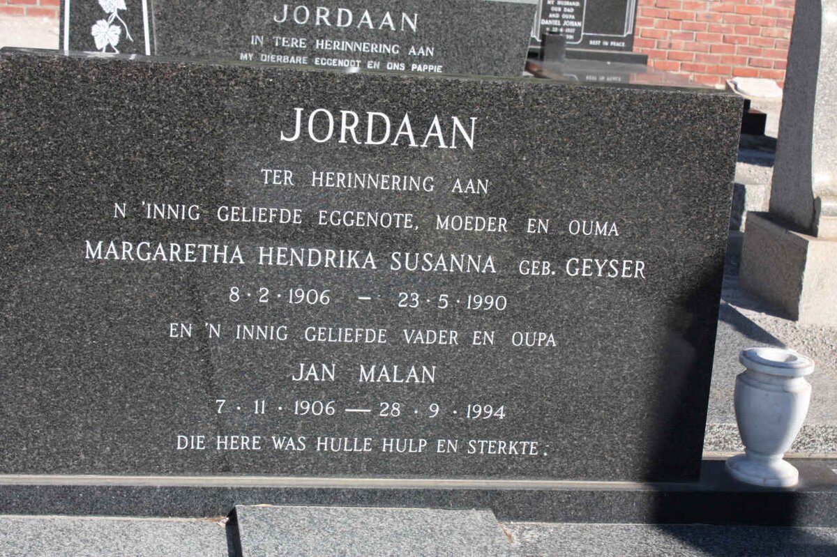 JORDAAN Jan malan 1906-1994 &amp; Margaretha Hendrika Susanna GEYSER 1906-1990