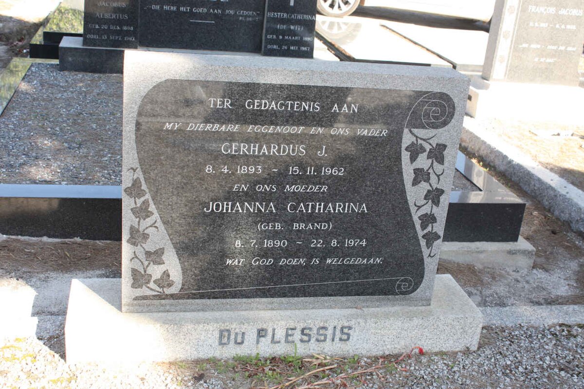 PLESSIS Gerhardus J., du 1893-1962 &amp; Johanna Catharina BRAND 1890-1974