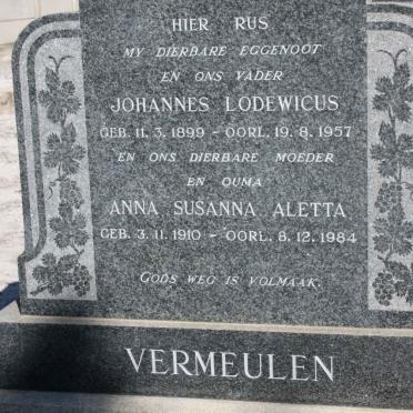 VERMEULEN Johannes Lodewicus 1899-1957 &amp; Anna Susanna Aletta 1910-1084