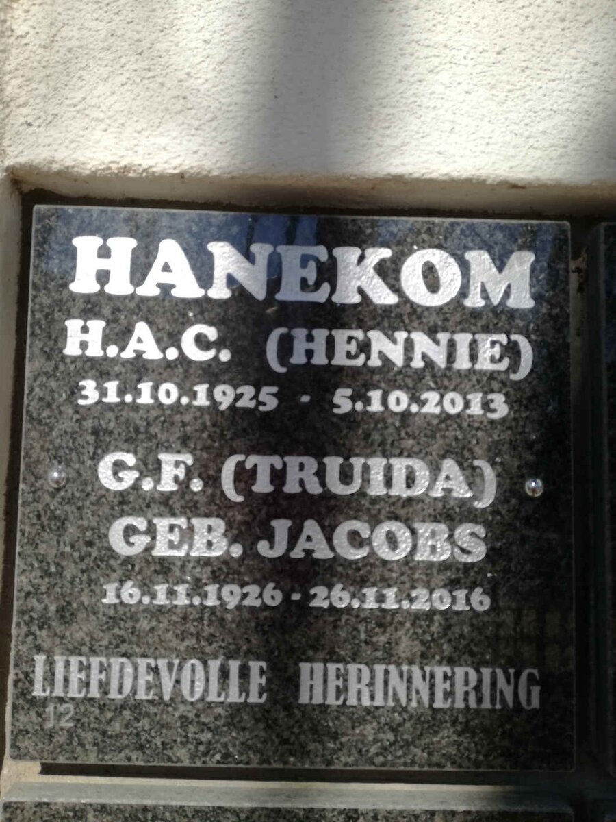HANEKOM H.A.C. 1925-2013 &amp; G.F. JACOBS 1926-2016