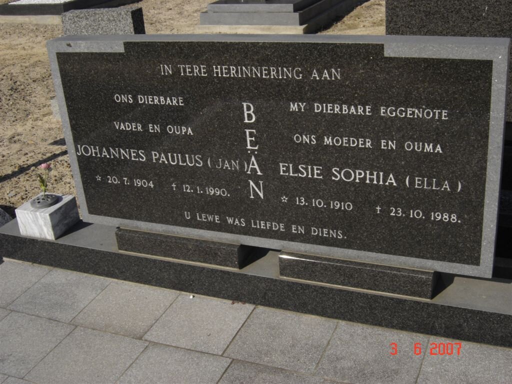 BEÄN Johannes Paulus 1904-1990 &amp; Elsie Sophia 1910-1988