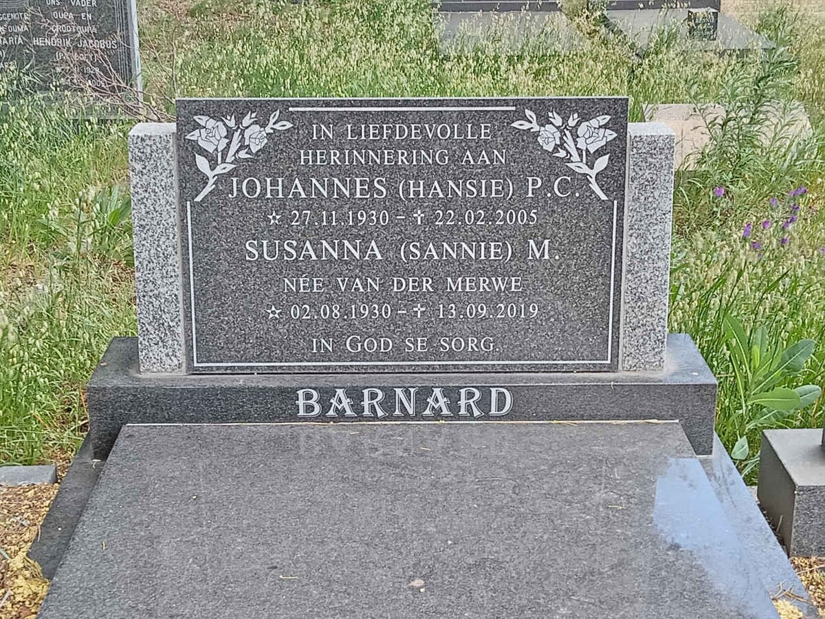 BARNARD Johannes P.C. 1930-2005 &amp; Susanna M. nee VAN DER MERWE 1930-2019