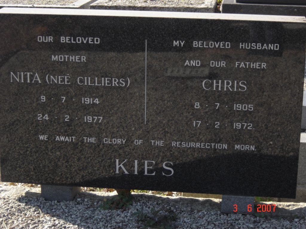 KIES Chris 1905-1972 &amp; Nita CILLIERS 1914-1977